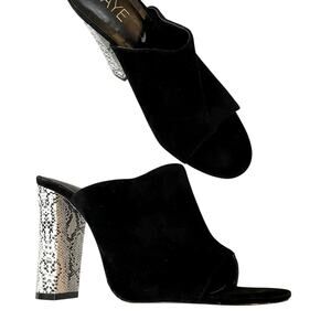 Raye Black Suede Peep Toe Slip On White Python Print Chunky Heels Womens 9.5